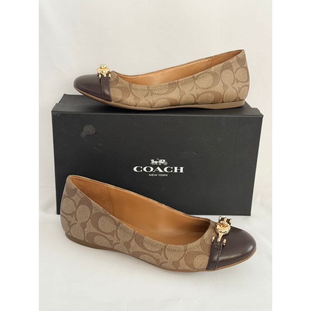 Coach Leila Ballet Flats NIB Khaki Chestnut Signature Cap Toe 7B